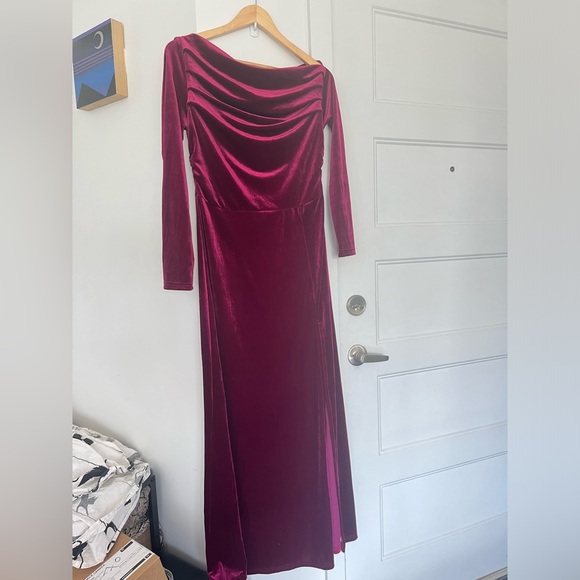 #93 Burgundy velvet Asymmetrical Neck Ruched Split Thigh  gown / maxi dress - Picture 5 of 5